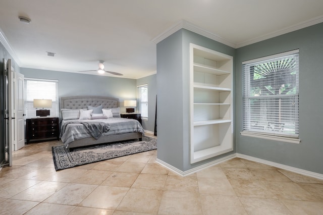 5820 Forest Ln, Dallas, TX 75230 - bedroom with crown molding, baseboards, light tile patterned floors, and ceiling fan