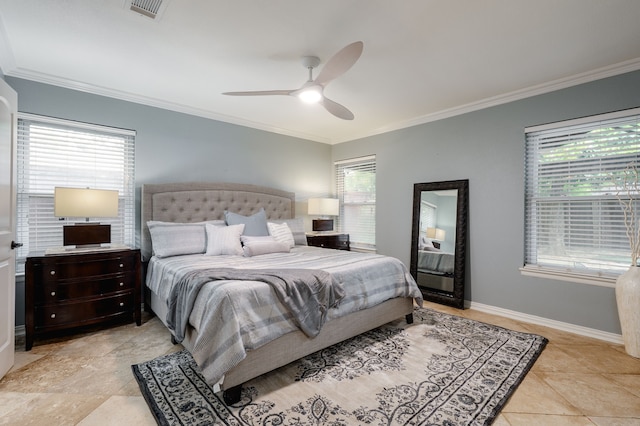 5820 Forest Ln, Dallas, TX 75230 - bedroom featuring crown molding, light tile patterned floors, ceiling fan, and baseboards