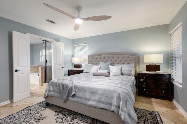 5820 Forest Ln, Dallas, TX 75230 - bedroom with crown molding, light tile patterned flooring, baseboards, connected bathroom, and ceiling fan