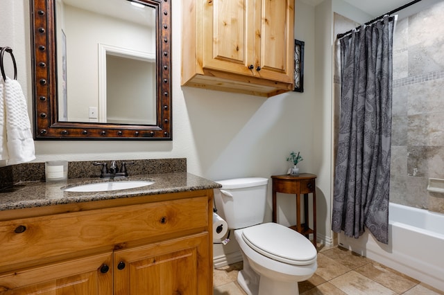 5820 Forest Ln, Dallas, TX 75230 - full bath featuring tile patterned flooring, toilet, vanity, and shower / bath combo with shower curtain