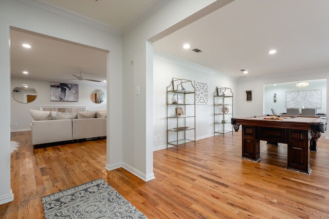 5820 Forest Ln, Dallas, TX 75230 - game room featuring light wood-style floors, ceiling fan, crown molding, recessed lighting, and baseboards