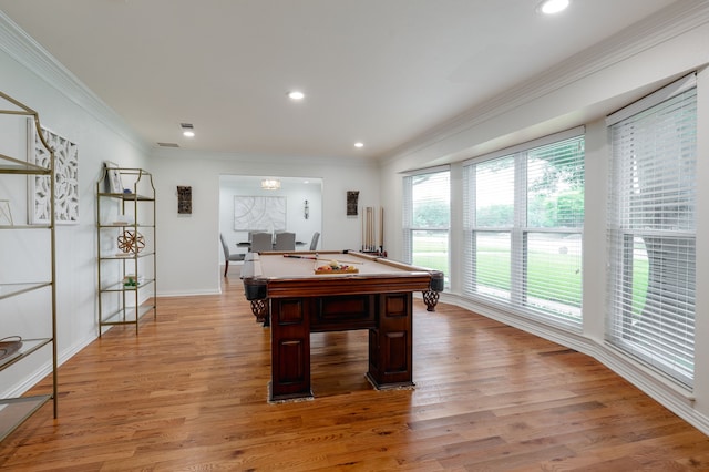 5820 Forest Ln, Dallas, TX 75230 - recreation room featuring billiards table, crown molding, light wood finished floors, recessed lighting, and baseboards