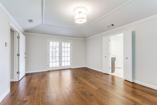 10101 Apple Creek Dr, Dallas, TX 75243 - spare room featuring dark wood-style floors, french doors, baseboards, and crown molding