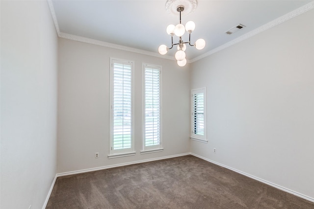 10101 Apple Creek Dr, Dallas, TX 75243 - empty room with a chandelier, plenty of natural light, dark colored carpet, ornamental molding, and baseboards