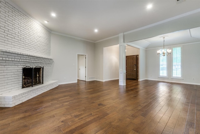 10101 Apple Creek Dr, Dallas, TX 75243 - unfurnished living room with dark wood-style floors, a brick fireplace, a chandelier, baseboards, and ornamental molding