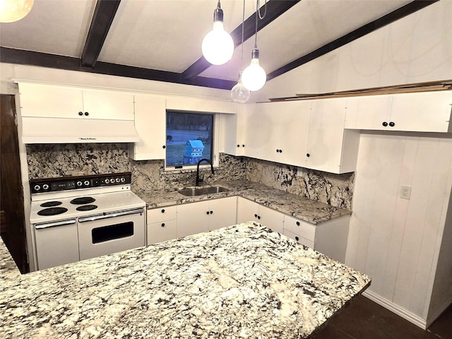 2804 Lynn Dell Dr, Tool, TX 75143 - kitchen featuring range with two ovens, a sink, beam ceiling, decorative backsplash, and white cabinetry