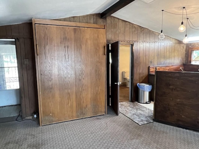 2804 Lynn Dell Dr, Tool, TX 75143 - carpeted bedroom featuring lofted ceiling, wood walls, and bar area