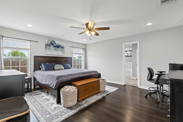2104 Shane Ave, Fort Worth, TX 76134 - bedroom featuring recessed lighting, dark wood-style floors, a desk, baseboards, and ceiling fan