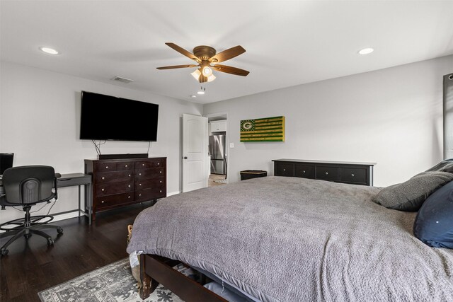 2104 Shane Ave, Fort Worth, TX 76134 - bedroom featuring freestanding refrigerator, wood finished floors, recessed lighting, and ceiling fan