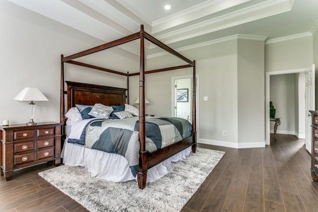 bedroom featuring dark wood-type flooring, baseboards, and ornamental molding