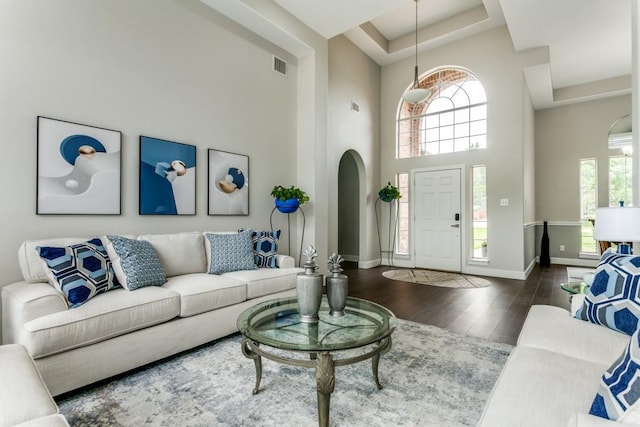 living room featuring a towering ceiling, a raised ceiling, wood finished floors, baseboards, and arched walkways