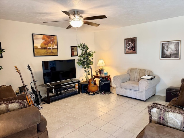 7302 Hardwood Trl, Dallas, TX 75249 - living room featuring a ceiling fan and light tile patterned floors