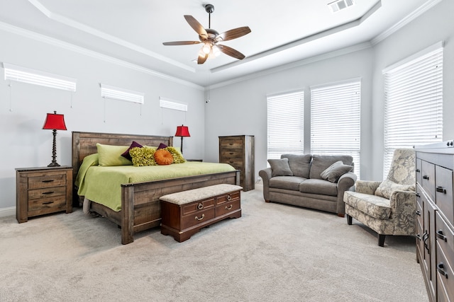 206 Stallion Ln, Hickory Creek, TX 75065 - bedroom featuring a raised ceiling, light carpet, ornamental molding, and ceiling fan