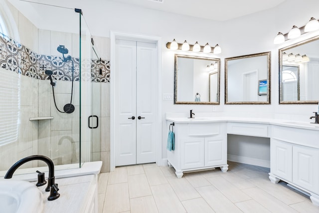206 Stallion Ln, Hickory Creek, TX 75065 - full bathroom featuring a shower stall, double vanity, and tile patterned floors