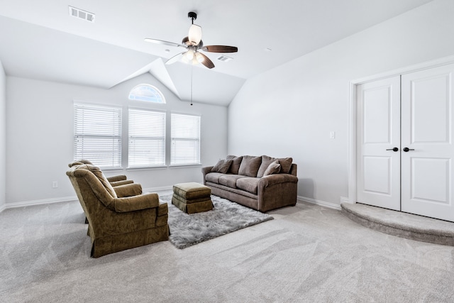 206 Stallion Ln, Hickory Creek, TX 75065 - living area featuring carpet floors, a ceiling fan, baseboards, and lofted ceiling