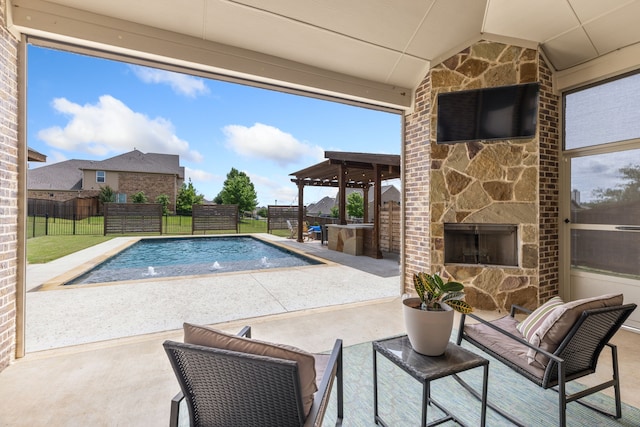 206 Stallion Ln, Hickory Creek, TX 75065 - view of swimming pool with an outdoor stone fireplace, fence, and a patio