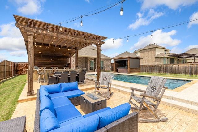206 Stallion Ln, Hickory Creek, TX 75065 - view of patio / terrace with outdoor lounge area, a fenced backyard, outdoor dining area, and a pergola
