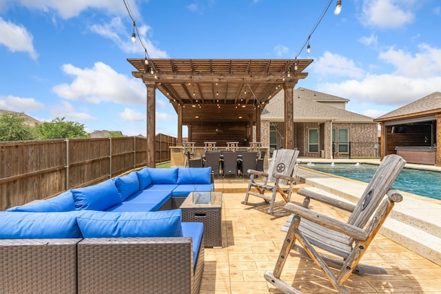 206 Stallion Ln, Hickory Creek, TX 75065 - view of patio featuring an outdoor living space with a fire pit, a pergola, and fence