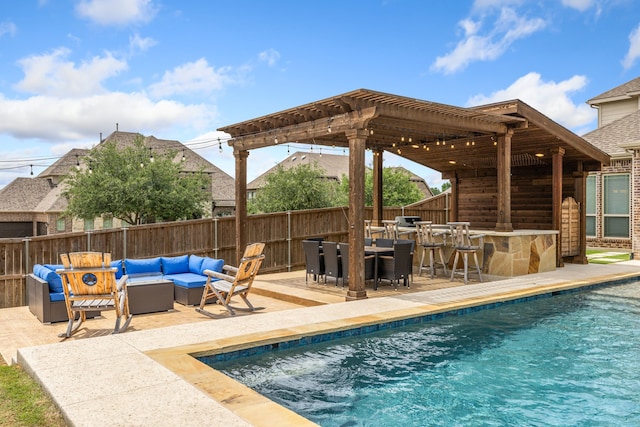 206 Stallion Ln, Hickory Creek, TX 75065 - view of pool with an outdoor living space, a pergola, fence, and a patio area