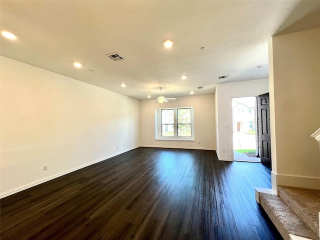 2933 Tenor Way, Sachse, TX 75048 - unfurnished living room featuring dark wood-type flooring, baseboards, ceiling fan, and recessed lighting