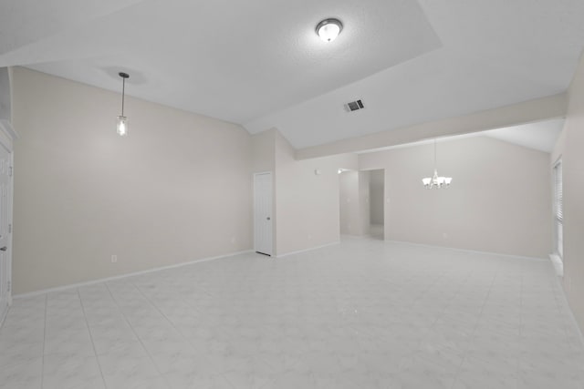 7816 Teal Dr, Fort Worth, TX 76137 - spare room with vaulted ceiling, a chandelier, baseboards, and light flooring