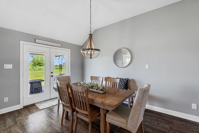 160 Grays Creek Cir, Alma, TX 75119 - dining area with baseboards, a chandelier, dark wood-style floors, vaulted ceiling, and french doors