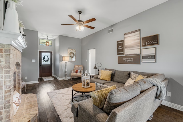 160 Grays Creek Cir, Alma, TX 75119 - living room with a ceiling fan, baseboards, dark wood-style floors, and a fireplace