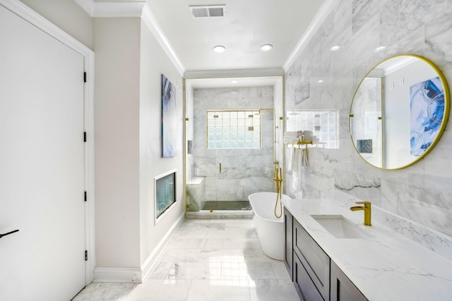 full bath with baseboards, marble tiled floors, a shower stall, ornamental molding, and vanity