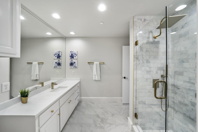 bathroom featuring recessed lighting, marble look tiles, vanity, a shower stall, and baseboards