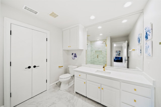 bathroom featuring recessed lighting, a shower stall, marble look tile flooring, toilet, and vanity