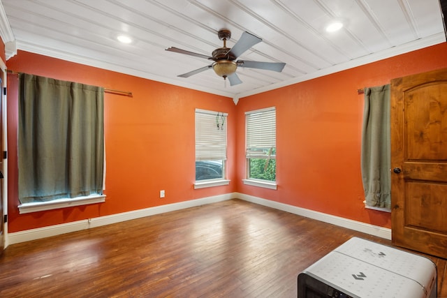 unfurnished room featuring ornamental molding, ceiling fan, baseboards, hardwood / wood-style floors, and recessed lighting