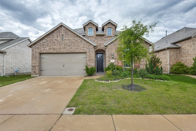 french country inspired facade featuring brick siding, a front yard, concrete driveway, and a garage
