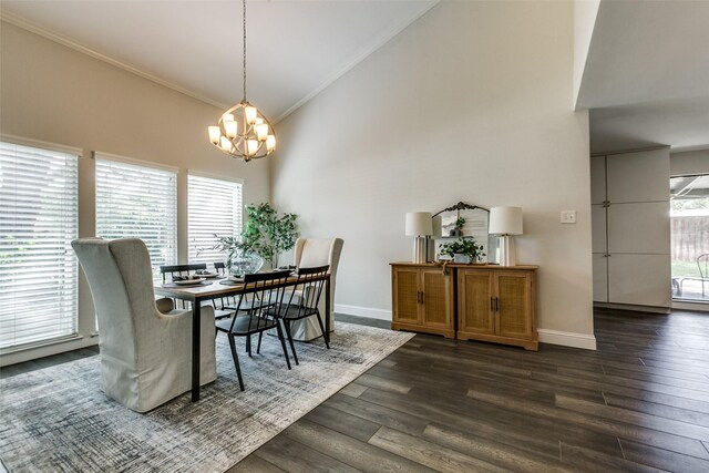 2701 W Prairie Creek Dr, Richardson, TX 75080 - dining area featuring a chandelier, dark wood-type flooring, crown molding, and baseboards