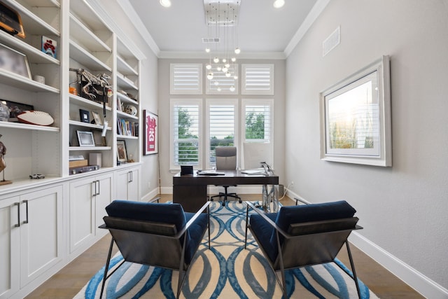 office featuring ornamental molding, baseboards, recessed lighting, and light wood-style floors