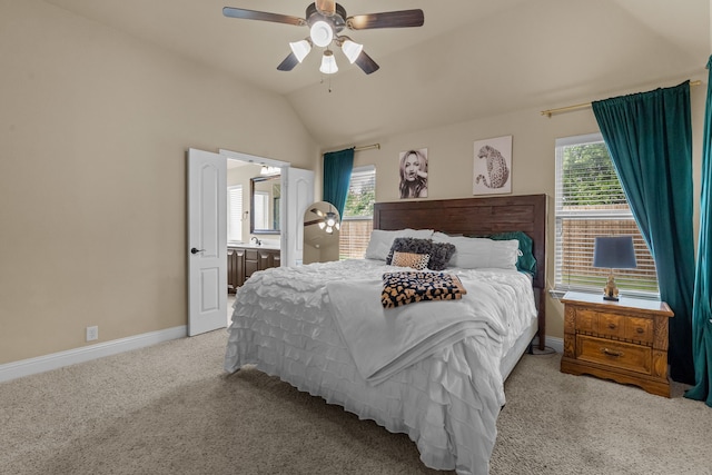 2026 Bay Laurel Dr, Weatherford, TX 76086 - carpeted bedroom with lofted ceiling, baseboards, a ceiling fan, and ensuite bathroom