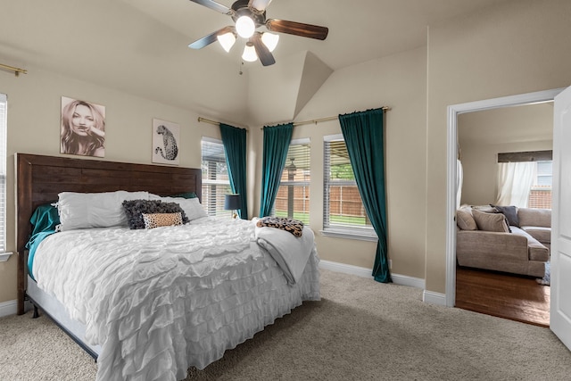 2026 Bay Laurel Dr, Weatherford, TX 76086 - carpeted bedroom with vaulted ceiling, baseboards, and a ceiling fan