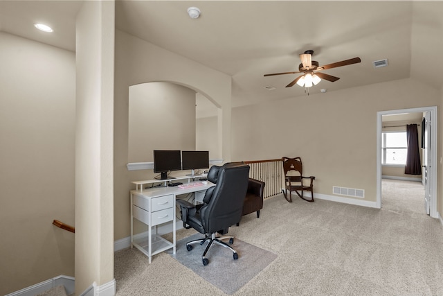 2026 Bay Laurel Dr, Weatherford, TX 76086 - carpeted office space featuring a ceiling fan, arched walkways, baseboards, and recessed lighting