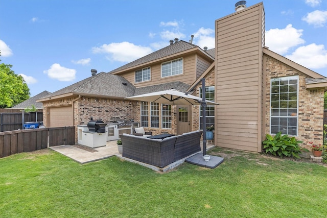 1209 Bel Air Dr, Allen, TX 75013 - back of house featuring brick siding, roof with shingles, a chimney, an outdoor living space, and a patio