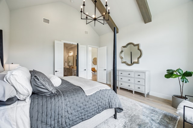 4141 Splitrock Dr, Prosper, TX 75078 - bedroom with high vaulted ceiling, light wood finished floors, a chandelier, ensuite bathroom, and baseboards