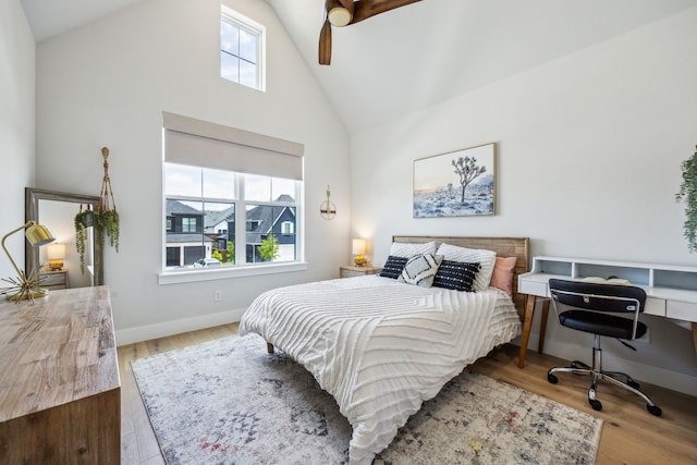 4141 Splitrock Dr, Prosper, TX 75078 - bedroom featuring high vaulted ceiling, wood finished floors, an office area, baseboards, and a ceiling fan