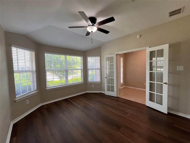 3108 Bryce Dr, Wylie, TX 75098 - empty room with french doors, wood finished floors, vaulted ceiling, and ceiling fan