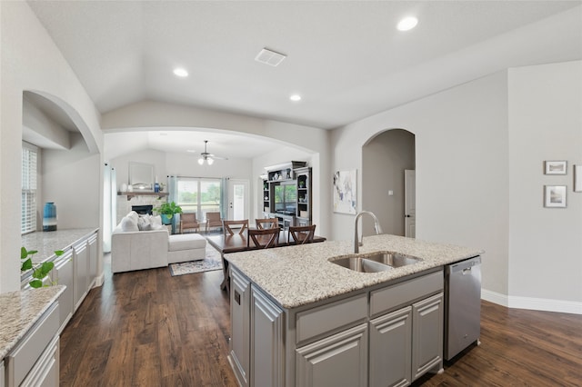 432 Sagebrush Dr, Aledo, TX 76008 - kitchen with a sink, dishwasher, open floor plan, an island with sink, and dark wood-style flooring