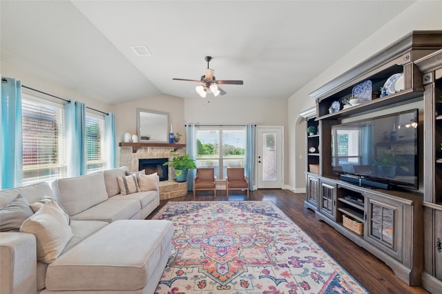 432 Sagebrush Dr, Aledo, TX 76008 - living area featuring a ceiling fan, lofted ceiling, a stone fireplace, plenty of natural light, and dark wood-type flooring