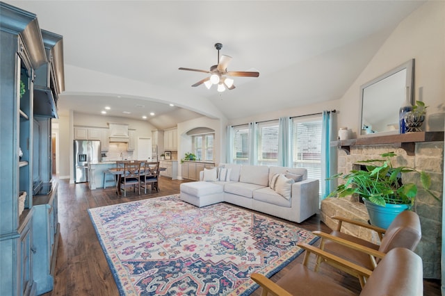 432 Sagebrush Dr, Aledo, TX 76008 - living room featuring lofted ceiling, ceiling fan, arched walkways, dark wood-style floors, and recessed lighting