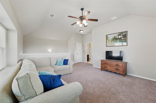 432 Sagebrush Dr, Aledo, TX 76008 - living room with vaulted ceiling, ceiling fan, carpet flooring, and baseboards