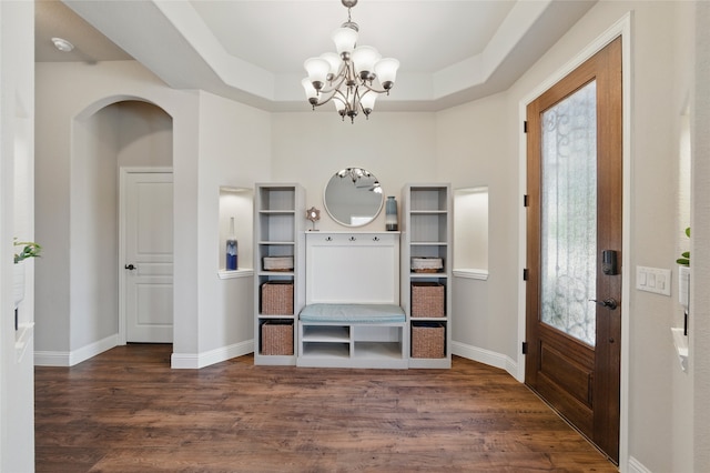 432 Sagebrush Dr, Aledo, TX 76008 - entrance foyer with a chandelier, wood finished floors, a raised ceiling, and baseboards
