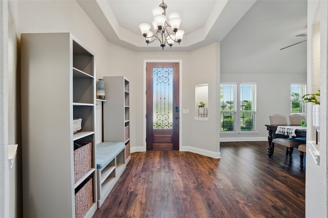 432 Sagebrush Dr, Aledo, TX 76008 - entrance foyer with a chandelier, dark wood finished floors, baseboards, and a tray ceiling