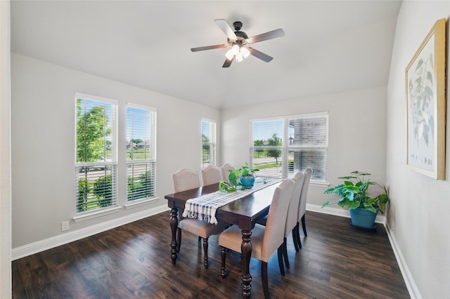 432 Sagebrush Dr, Aledo, TX 76008 - dining area featuring vaulted ceiling, baseboards, ceiling fan, and dark wood-style floors