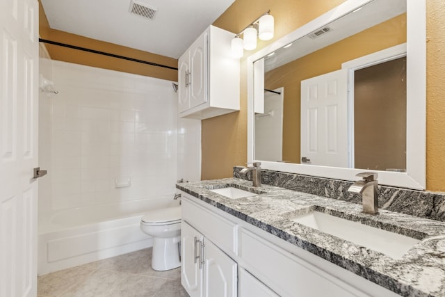 9434 Abbey Rd, Irving, TX 75063 - bathroom with toilet, tile patterned flooring, shower / bathtub combination, and double vanity