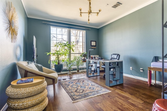 7200 Randall Way, Plano, TX 75025 - office area with a chandelier, hardwood / wood-style flooring, ornamental molding, and baseboards